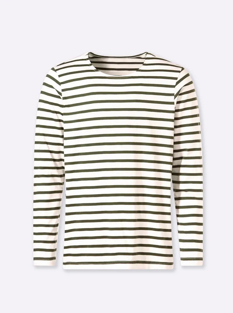 Catamaran Langarmshirt khaki-ecru-gestreift, Khaki-ecru-gestreift, – Produktbild 1 von 2