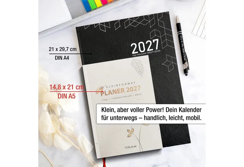 TOBJA Buchkalender Praxisplaner 2027 A5 Flora Terminplaner Salon Kosmetik 15 Min Takt FSC, 15-Min-Takt 7-21 Uhr, A5, 1 Wo 2 Seiten, FSC-Papier, Blumen-Design, Schwarz, – Produktbild 5 von 5