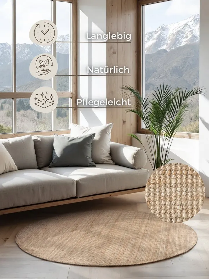 HANSE Home Teppich Jaipur Juteteppich, als Läufer und in Rund, rund, Höhe: 10 mm, 100% Naturfaser, Wohnzimmer, Esszimmer, Schlafzimmer, Goldfarben, – Produktbild 3 von 5