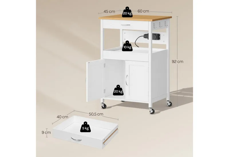Woltu Servierwagen, Küchenwagen mit Arbeitsplatte und Steckdosen Schublade Ablage Schrank, Weiß, – Produktbild 3 von 5