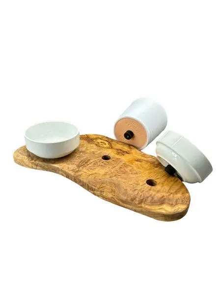 Olivenholz erleben Olivenholz erleben Futterstation RUSTY aus Olivenholz mit 2 x 0,4 Liter Porzellanschale plus Topf für Katzengras – Produktbild 4 von 4