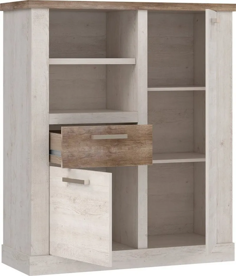 FORTE Highboard Duro, Mehrzweckschrank mit Türen & Schublade, Landhausstil, Breite 109,8 cm, Weiß, – Produktbild 5 von 5