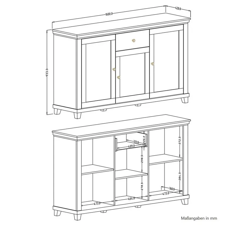 Lomadox Sideboard EPSOM-83, grün mit Lefkas Eiche Nb. Knopfgriffe messingfarben 160/93/42 cm, Grün, – Produktbild 5 von 5