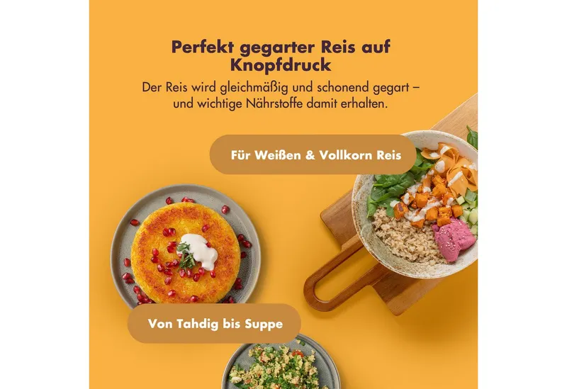 Reishunger Reishunger Reiskocher Digital – 1,5 L – Multikocher – 12 Programme – Keramikbeschichtung, 860 W, Timer- und Warmhaltefunktion, 7-Kochphasen-Technologie, LED-Display, Weiß, – Produktbild 3 von 5