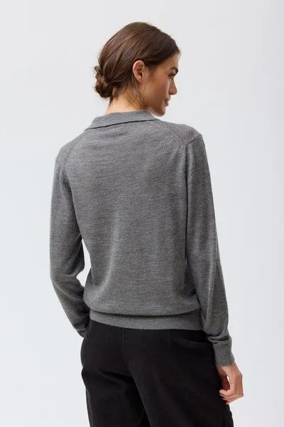 People Wear Organic People Wear Organic Merino Strickjacke Polokragen, grau mélange, Grey, – Produktbild 2 von 4