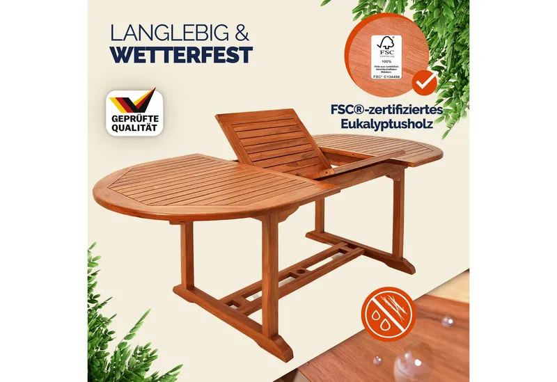 Casaria® Casaria® Gartentisch ausziehbar 150‑200cm Eukalyptusholz wetterfest Schirmhalter, Braun, – Produktbild 5 von 7