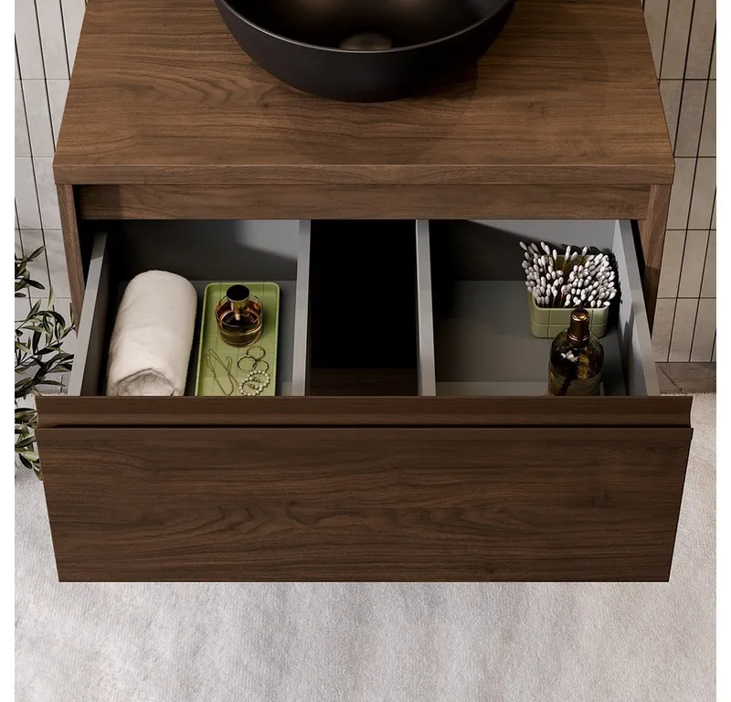 Lomadox Waschbeckenschrank VERZUOLO-56-WALNUT 60 cm breit in Walnuss, wandhängend, grifflos, Braun, – Produktbild 3 von 5