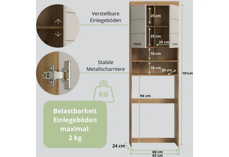 furnling Waschmaschinenumbauschrank Scott 2 offene Fächer, 2 Türen, platzsparend, Badmöbel, Badschrank, Umbau, Grau, – Produktbild 3 von 5