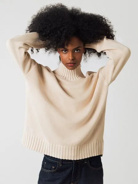 Honest Basics Honest Basics Damen Mock-Pullover aus Bio-Baumwolle, Rattan, – Produktbild 2 von 4