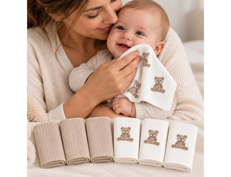 bistyle bistyle Spucktuch BabySpucktücher 6er Set, 20x20 cm, Bio-Baumwolle, kleinen Motiven, (6er Pack, 6-tlg), Basic, Beige, – Produktbild 3 von 4