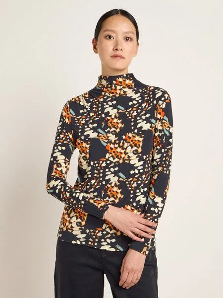 LANIUS LANIUS Stehkragenshirt mit Kräuseln aus Bio-Baumwolle und Tencel, Print butterfly orange, – Produktbild 1 von 4
