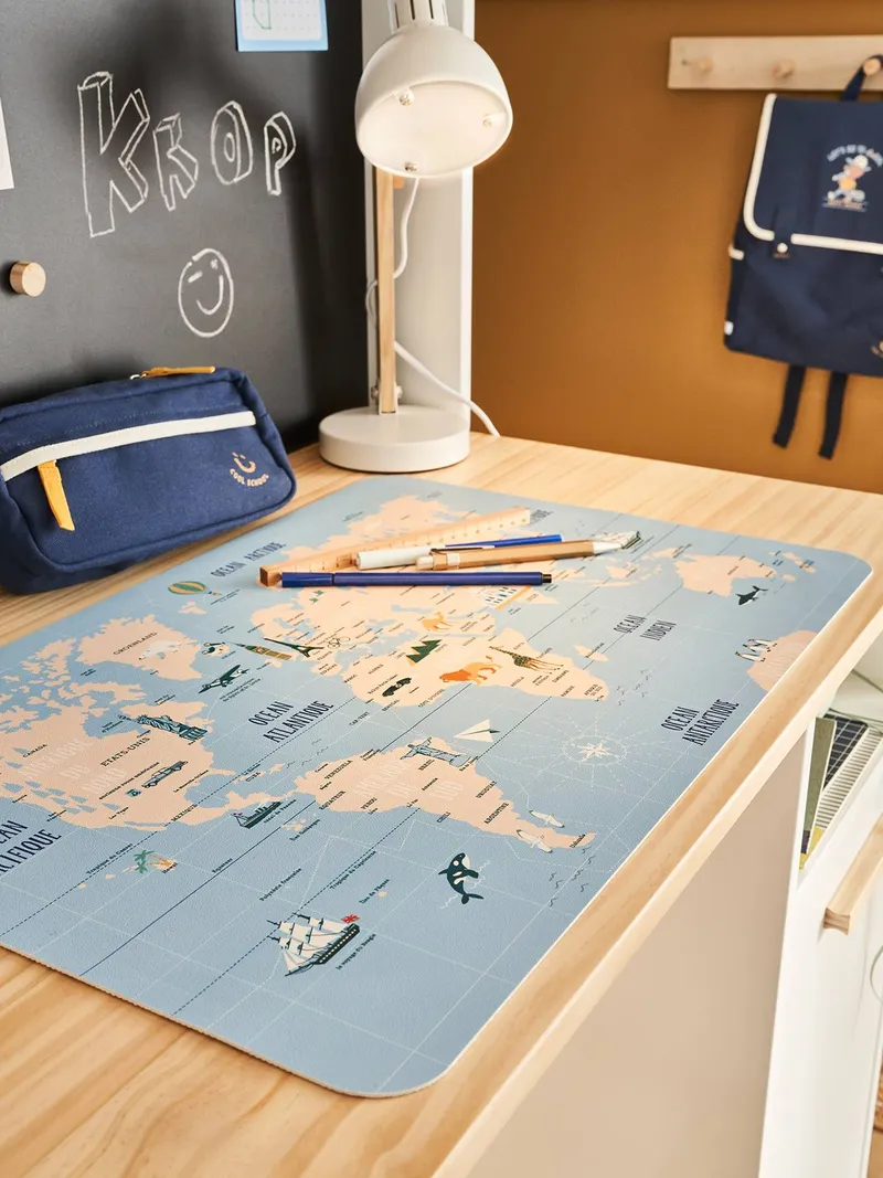 Vertbaudet Kinderzimmer Schreibtischunterlage Weltkarte, Blau bedruckt, – Produktbild 1 von 3