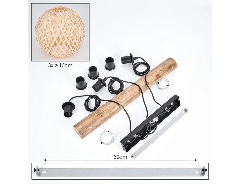 hofstein Pendelleuchte Hängelampe aus Metall/Holz/Bambus in Schwarz/Naturfarben, ohne Leuchtmittel, Hängeleuchte im Boho-Design mit Holzbalken, max 150 cm, 3 x E27, Beige, – Produktbild 5 von 5