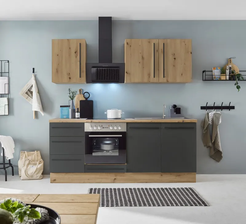 KOCHSTATION Küchenzeile KS-Florida mit 38mm starker Arbeitsplatte, Breite 210 cm, wahlweise mit E-Geräten, Soft-Close-Funktion, Schwarz, – Produktbild 1 von 7