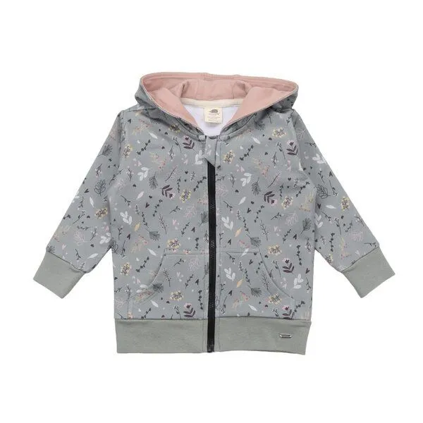 Walkiddy Kinder Kapuzenjacke GOTS zertifiziert, grau, „Tiny Flowers“, Reißverschluss, Bio-Baumwolle, weich – Walkiddy, Grün, – Produktbild 1 von 3