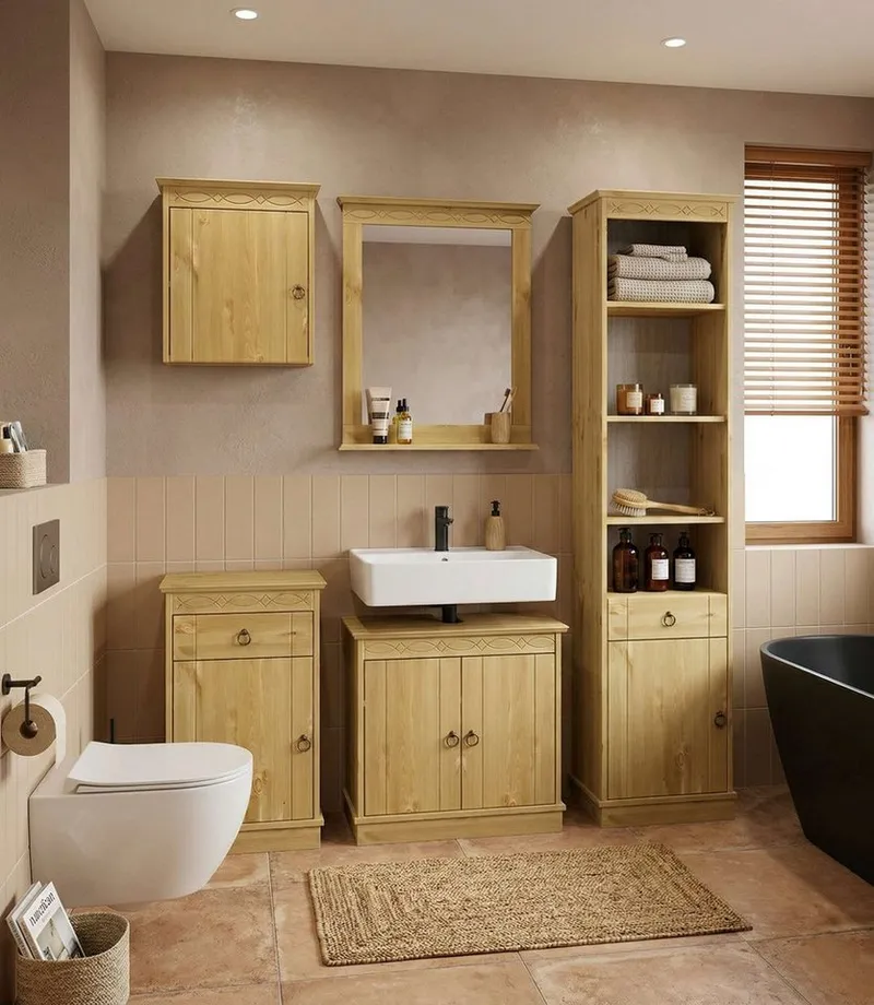 OTTO home Unterschrank Indra, Badschrank, Badmöbel, Badezimmerschrank (B/T/H: 46/32/73 cm) aus massiver Kiefer, mit Schublade, FSC®-zertifiziert, Beige, – Produktbild 3 von 5