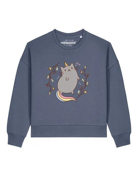 watapparel watapparel Sweatshirt Frauen Unicorn Cat, Blue grey, – Produktbild 1 von 2