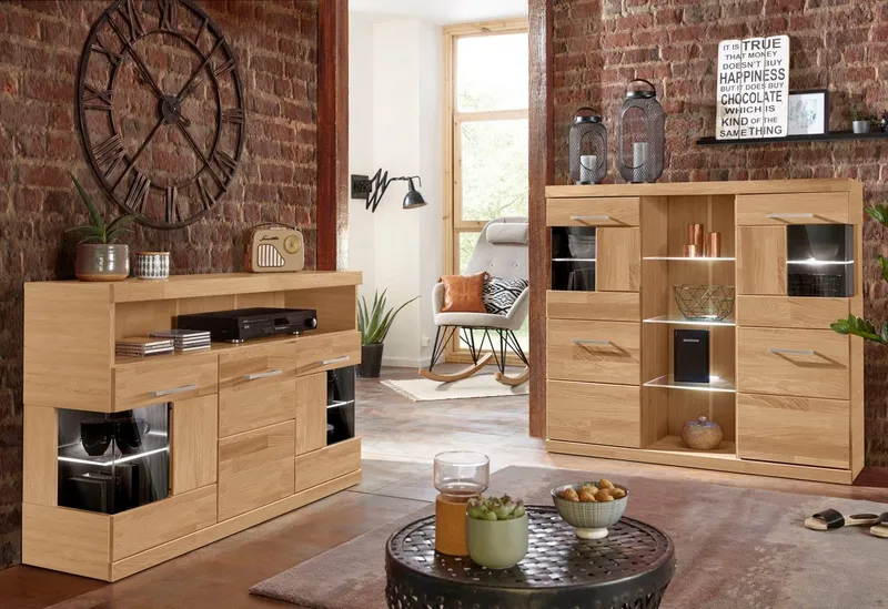 OTTO home Highboard Ribe,120cm breit,112cm hoch,Oberplatte massiv,12 Fächer, Holz massiv, Holzwerkstoff, Metall Griffe,2Türen mit Glaseinsatz, Braun, – Produktbild 7 von 8