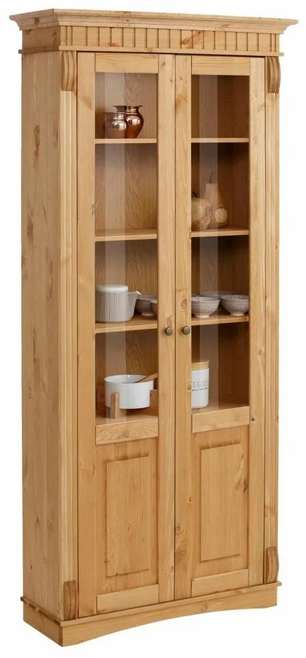 OTTO home Glasvitrine Teresa (Maße (B/T/H): ca. 90/32/193 cm) mit 2 Glastüren, Höhe 193 cm, aus massiver Kiefer, FSC®, Beige, – Produktbild 2 von 5