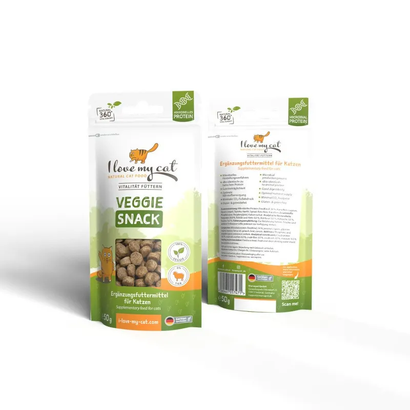 I love my cat NATURAL CAT FOOD Veggie Snack vegane Katzenleckerlis mit mikrobiellem Protein - 50g, Snack für: Katzen, vegan, getreidefrei, glutenfrei, ohne zugesetzten Zucker – Produktbild 3 von 4