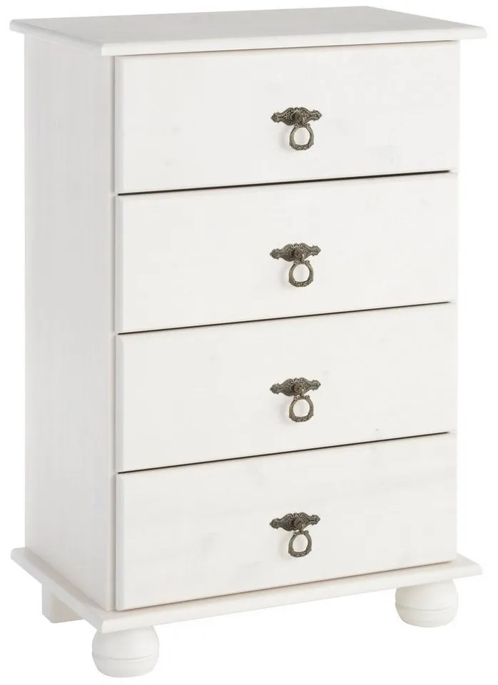 OTTO home Kommode Finca Hochkommode mit 4 Schubladen und Ringgriffen aus Metall, massives Kiefernholz, mit 4 Schubladen und einer natürlichen Maserung, Weiß, – Produktbild 2 von 5