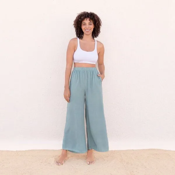 Jaya SKY - Damen - JAYA-UNIQUE - lässige Sommerhose, gerade geschnittene Beine, Drawstrings Dip-Dye Färbung handgemacht in Bali, Mint, – Produktbild 1 von 3