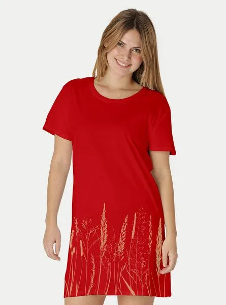 Peaces.bio - handbedruckte Biomode Peaces.bio - handbedruckte Biomode Longshirt Gräservielfalt Damen, Rot, – Produktbild 2 von 2