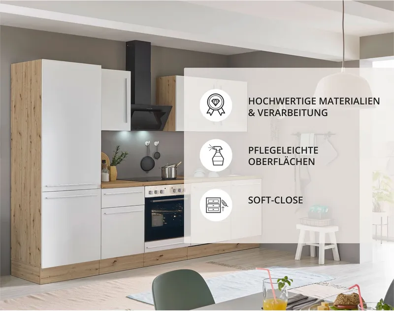 KOCHSTATION Küchenzeile KS-Florida mit 38mm starker Arbeitsplatte, Breite 280 cm, wahlweise mit E-Geräten, Soft-Close-Funktion, Weiß, – Produktbild 6 von 8