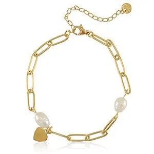 ELEKTROPULLI Gliederarmband "Herz" mit weißen Süsswasserperlen in ca. 23 cm x 4.1mm (inkl. 6 cm Verlängerungskette) von Elektropulli, Gold, – Produktbild 4 von 4