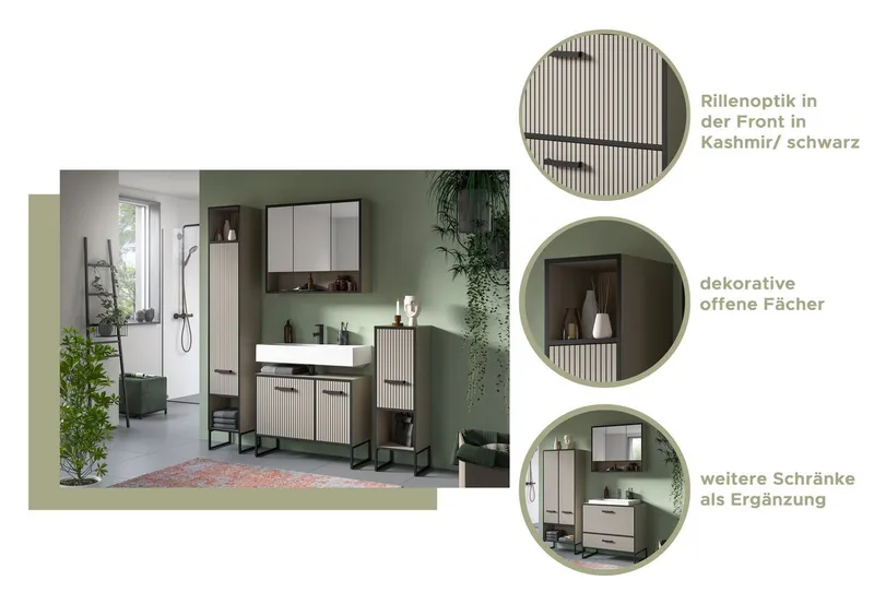 welltime Badezimmer-Set LOCRI, 2-tlg. Badkombination, Breite 80 cm, Rillenoptik, Metallkufen, (2-St., bestehend aus: Waschbeckeunterschrank & Spiegelschrank), Bad-Kombination, Bad-Möbel, Badezimmer, Kombination, Kombi, Beige|schwarz, – Produktbild 3 von 5