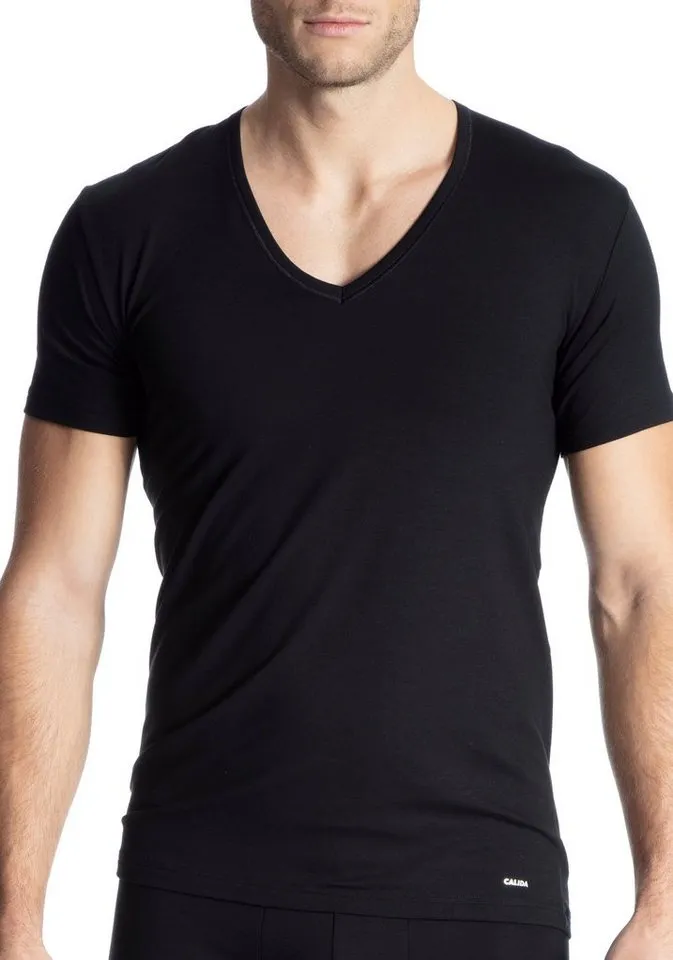 CALIDA CALIDA T-Shirt Cotton Code V-Ausschnitt, formstabiler Single Jersey, elastisch, Kurzarm, Schwarz, – Produktbild 3 von 5