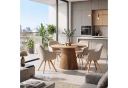 MR.DEKO Esszimmer-Set Essgruppe 4x Stuhl Matera beige & Tisch Oria Eiche 120x75 cm FSC®100%, (5-St., 5-teiliges Esszimmer-Set mit Polstersesseln & Holztisch), Essgruppe 4 Personen, Esstisch rund 120 cm, Stühle drehbar – Produktbild 1 von 1