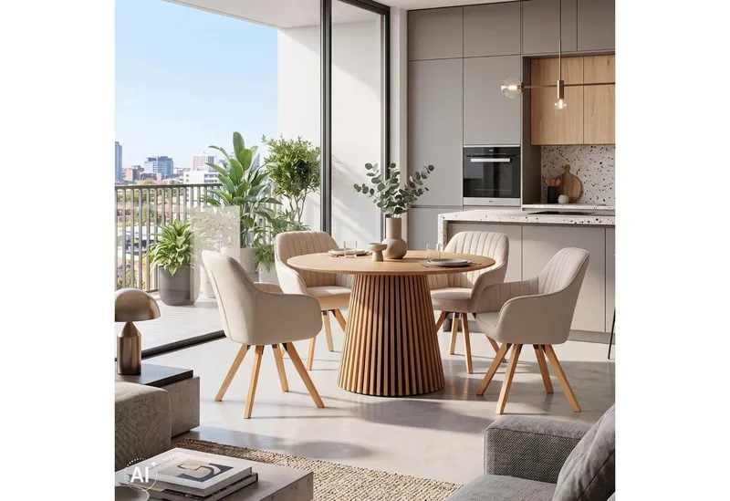 MR.DEKO Esszimmer-Set Essgruppe 4x Stuhl Matera beige & Tisch Oria Eiche 120x75 cm FSC®100%, (5-St., 5-teiliges Esszimmer-Set mit Polstersesseln & Holztisch), Essgruppe 4 Personen, Esstisch rund 120 cm, Stühle drehbar, Beige|braun, – Produktbild 1 von 5