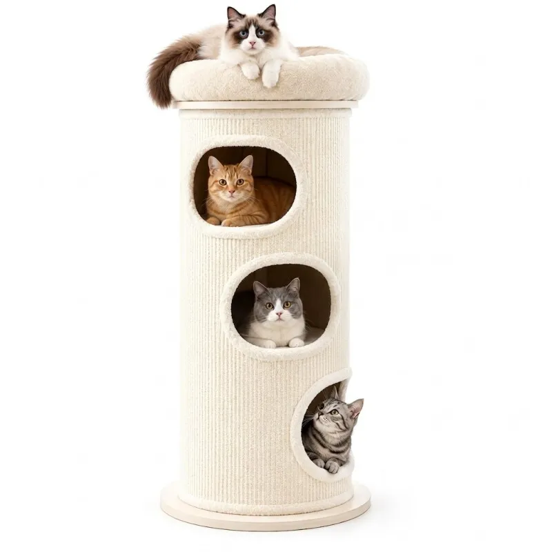 PetRhein PetRhein XL Kratztonne 110 cm Kratzbaum Sisal mit Kuschelhöhle 3 Ebenen und Aussichtsplattform, Katzenturm für große Katzen auf Kleiner Stellfläche – Produktbild 1 von 2
