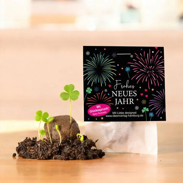 Ideenverlag Hamburg Ideenverlag Hamburg 10 „Silvester“ Klee-Samenbomben mit Glücksspruch & 10 Geschenkkarten „Frohes Neues Jahr“ – Produktbild 3 von 4