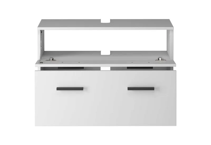 welltime Waschbeckenunterschrank Skara mit Klappe und Schubkasten, schwarze Griffe, Breite 80 cm, Höhe 55 cm, Weiß, – Produktbild 4 von 5