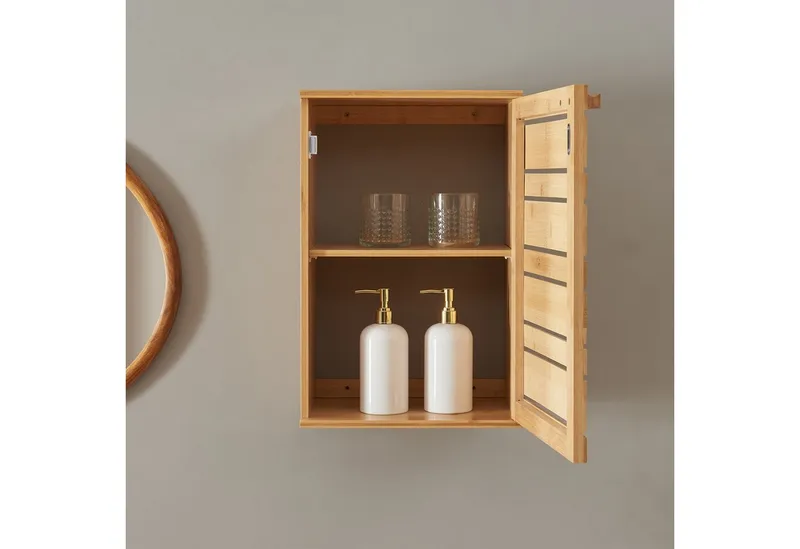 en.casa Hängeschrank »Epind« Badezimmerschrank hängend 50 x 33 x 20 cm Bambus Natur, Beige, – Produktbild 3 von 4