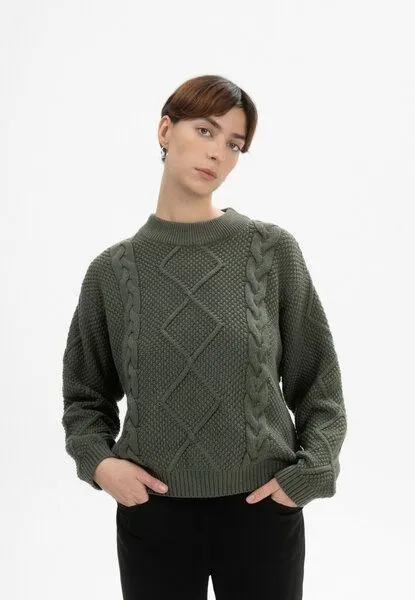 MELA MELA Zopfmuster Strickpullover Style SAMAIRA aus 100% Bio-Baumwolle, Grün melange, – Produktbild 1 von 4