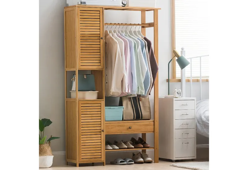 WAOHO Kleiderschrank kleiderschrank Bambus, Garderobenständer mit Schrank und Schublade, Beige, – Produktbild 3 von 5