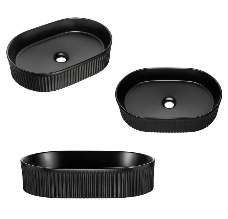 Lomadox Waschtisch NEWPORT-56-BLACK, in schwarz mit Eiche, gerillte Front, schwarzes Keramikwaschbecken, Schwarz, – Produktbild 4 von 5