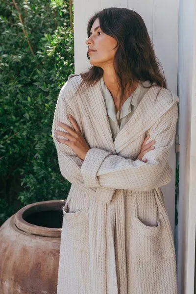 AmourLinen AmourLinen Waffel-Bademantel aus Leinen für Damen, Creme, – Produktbild 4 von 4