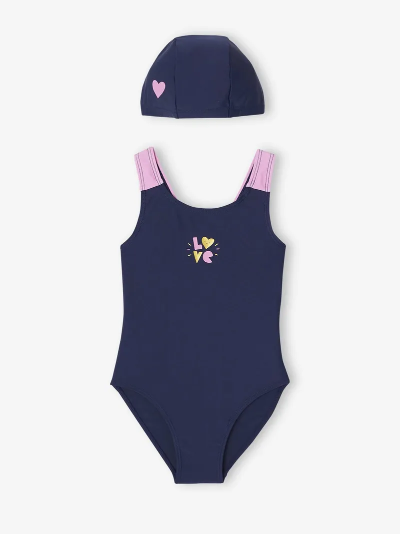 Vertbaudet Badeanzug LOVE mit Badekappe Mädchen -, Indigo-blau, – Produktbild 1 von 3