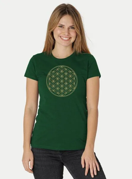 Peaces.bio - handbedruckte Biomode Peaces.bio - handbedruckte Biomode Bio-Damen-T-Shirt Die Blume des Lebens, Flaschengrün, – Produktbild 2 von 2