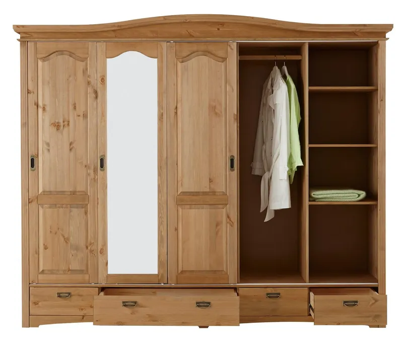 OTTO home Schiebetürenschrank Konrad, Landhausstil, rustikal, mit Schubladen + Spiegel, Kassetten (B/H/T ca. 249 cm x 207 cm x 64 cm) massive Kiefer, FSC®-zertifiziert, Messinggriffe, Beige, – Produktbild 5 von 5