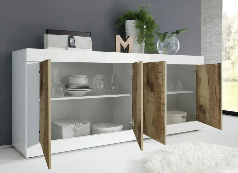 Home affaire Sideboard Basic Breite 207 cm, Kommode 4 Türen, Anrichte, Metallgriff, moderne Rahmenoptik, viel Stauraum, Farbauswahl, Weiß, – Produktbild 5 von 8