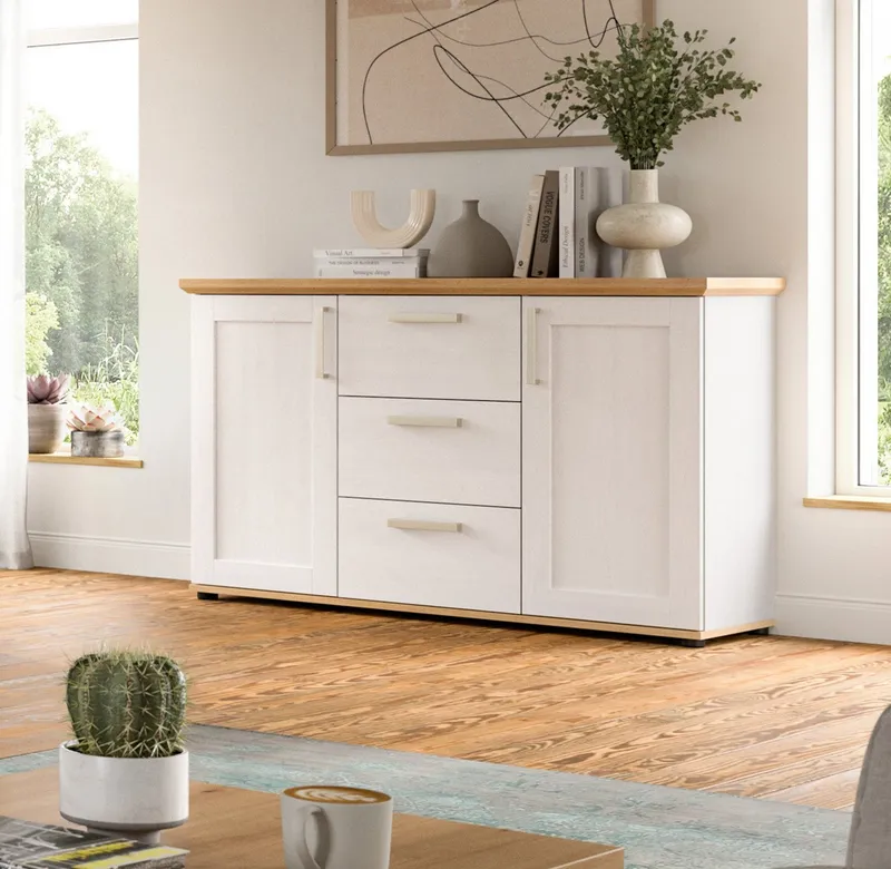 Inn.Furn Sideboard Mirano (Kommode in weiß Lärche Landhaus und Eiche Artisan, 129 x 80 cm), 2-türig mit 3 Schubladen, Weiß, – Produktbild 5 von 5
