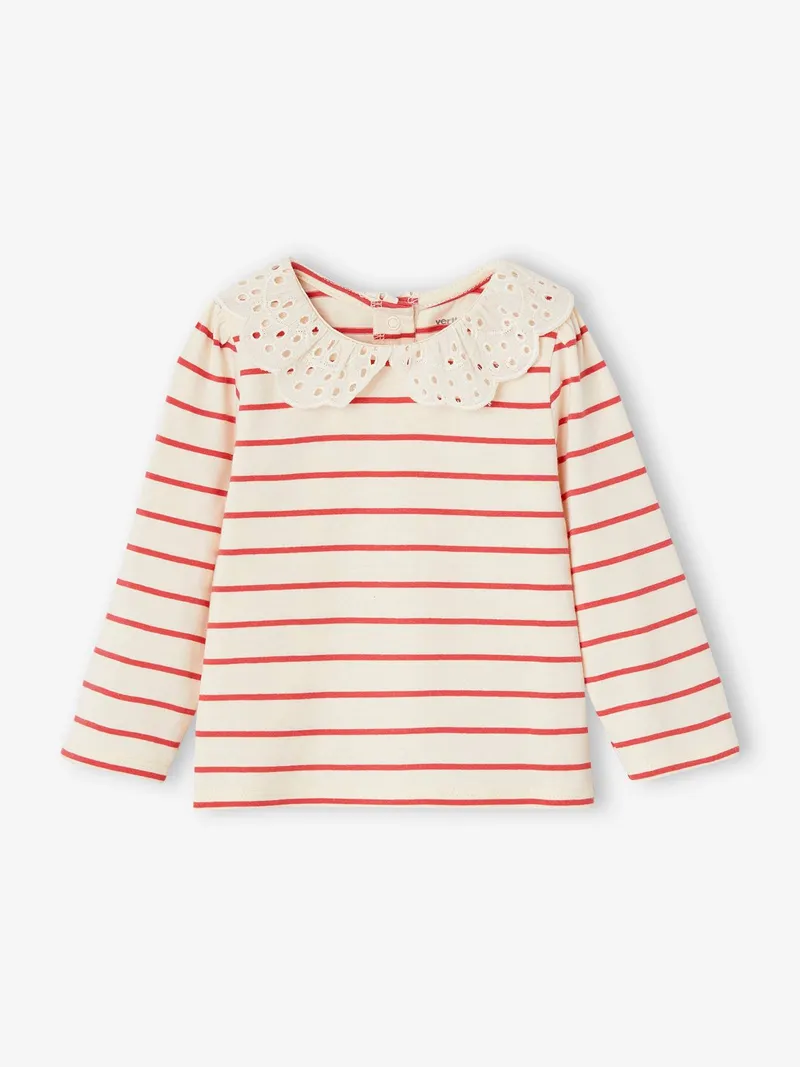Vertbaudet Baby Shirt Kragen mit Lochstickerei, Rot gestreift, – Produktbild 1 von 3
