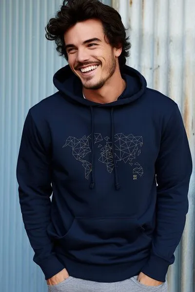 Kultgut Kultgut Biofair - Gemütlicher, flauschiger Hoodie /Worldmap, Navy, – Produktbild 2 von 5