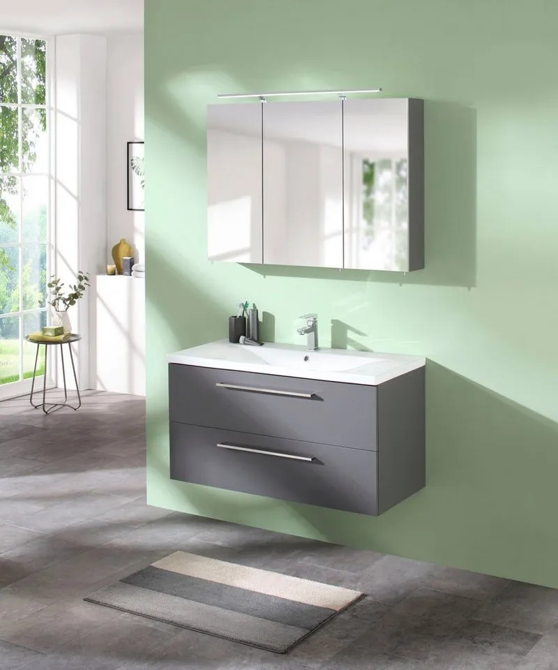 welltime Spiegelschrank Torino, Spiegelschrank, Made in Germany, B: 100 cm Solide Verarbeitung - Dieses Produkt ist in Deutschland gefertigt, Grau, – Produktbild 2 von 5