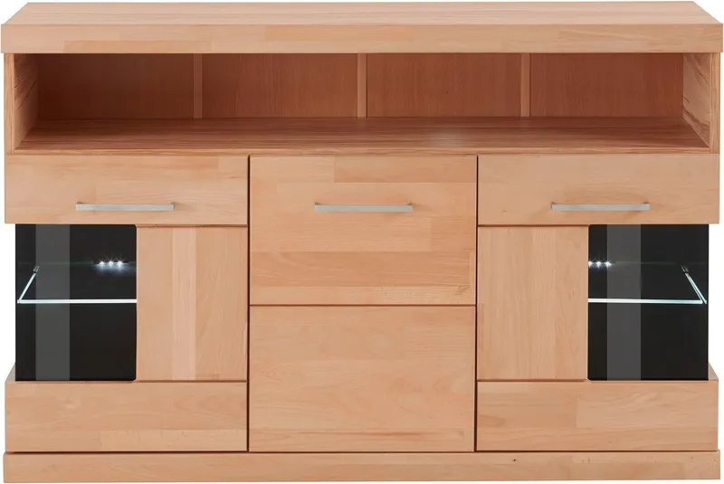 OTTO home Sideboard Ribe,130cm breit,Fronten Massivholz,2Türen mit gehärtetem Glaseinsatz, Korpus aus Holzwerkstoff, Metall Griffe,7 Fächer, Böden versetzbar, Braun, – Produktbild 3 von 8